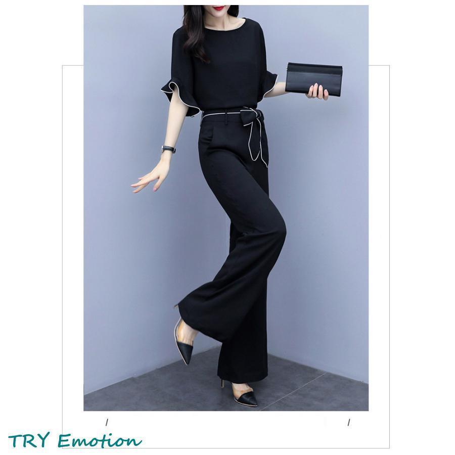 セットアップ レディース 春夏 オシャレセットアップ 半袖ブラウス 黒 ロング丈ワイドパンツ シフォンセット カジュアル 韓国風 通勤 40代 大きいサイズ
