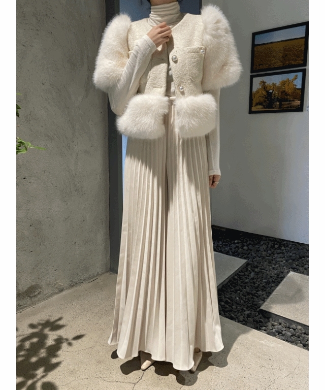 [起毛生地]後ろファスナー 中バンディング ワイド シワ プリーツ マキシ 起毛 スラックス パンツ ブラック ライトベージュ オフィスルック 結婚式ルック 年末ルック