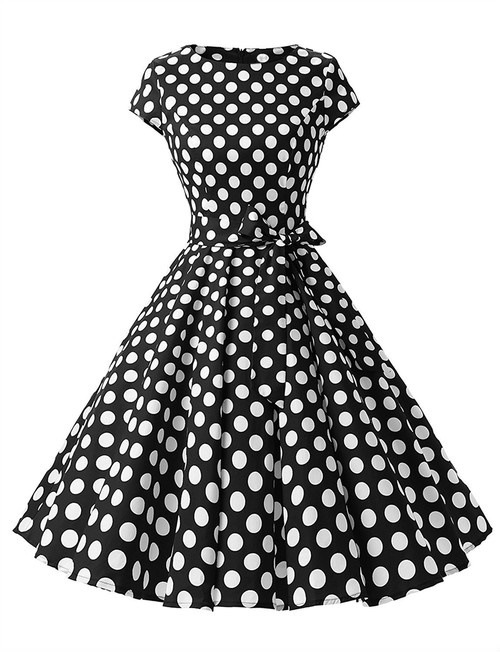 1103.ドット柄レトロフレアワンピース（ブラック）