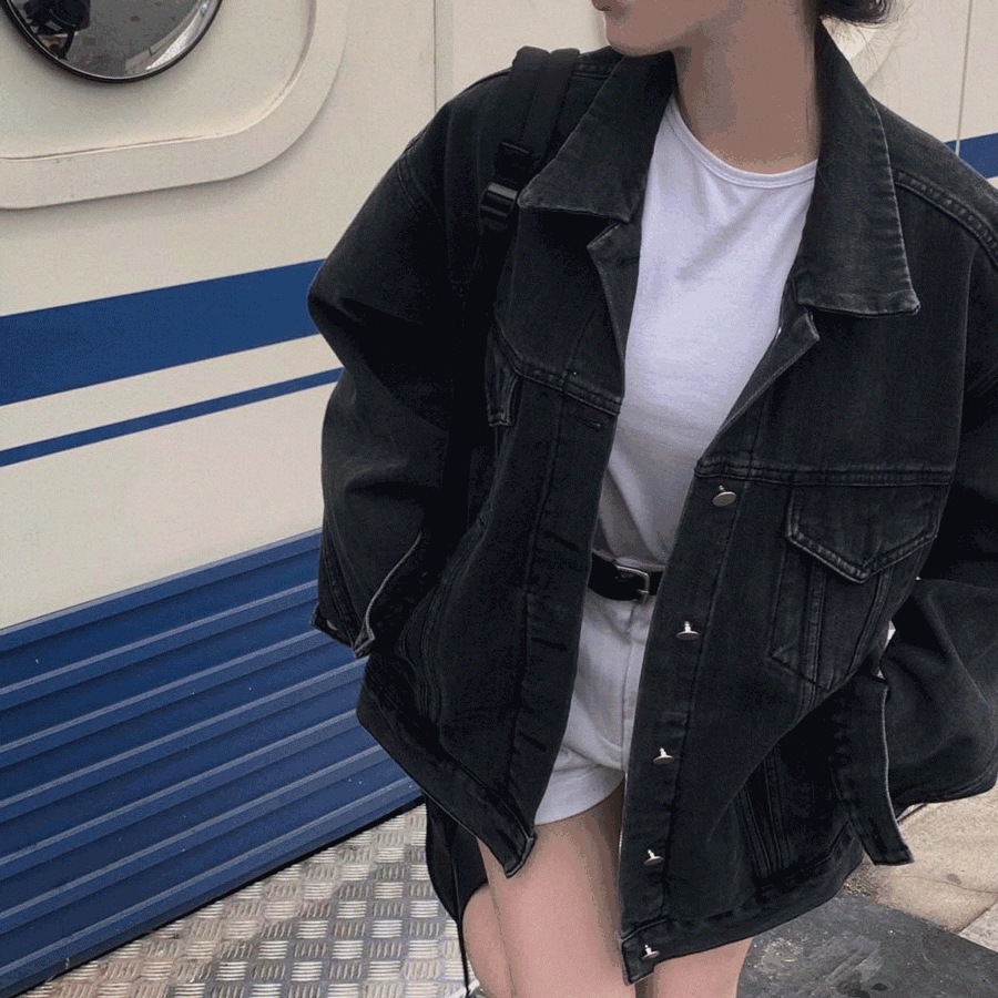 [ヒップを覆う丈] ルーズオーバーフィット 黒青デニムジャケット - jk