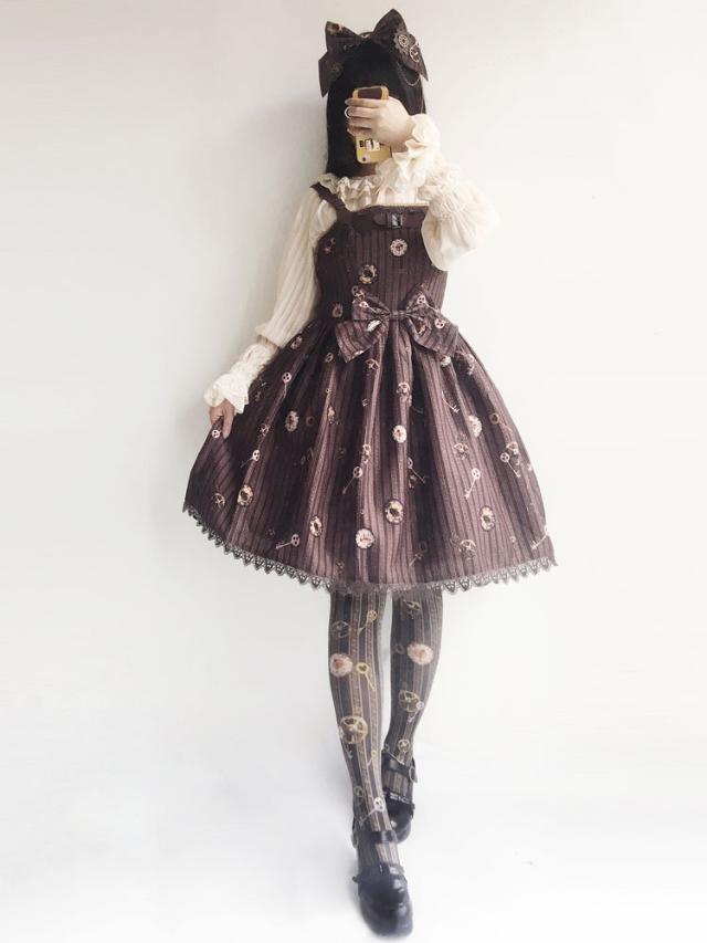 【短納期】ロリィタジャンパースカート　スチームパンク　ストラップ　シフォン　プリント柄　お茶会