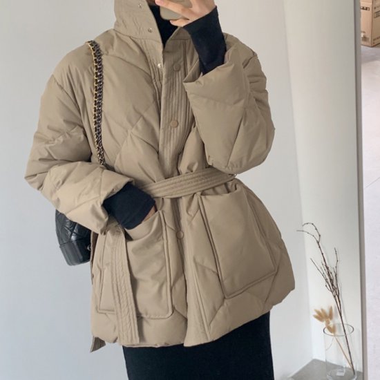 キルティングコート ダウンジャケット 韓国 ペディン レディース アウター 冬 暖かい キルティングダウン ダウンコート キルティングジャケット ウエストリボン コットン ショートコート