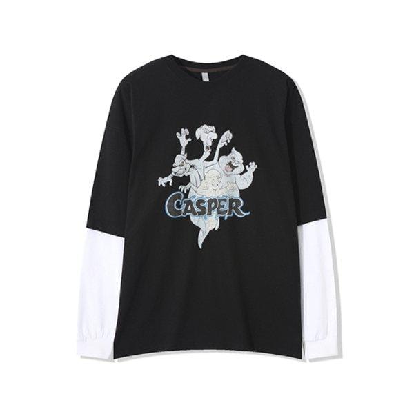 男性用ゴーストプリントレイヤード長袖Tシャツ AC-TSA-Q062-ブラック