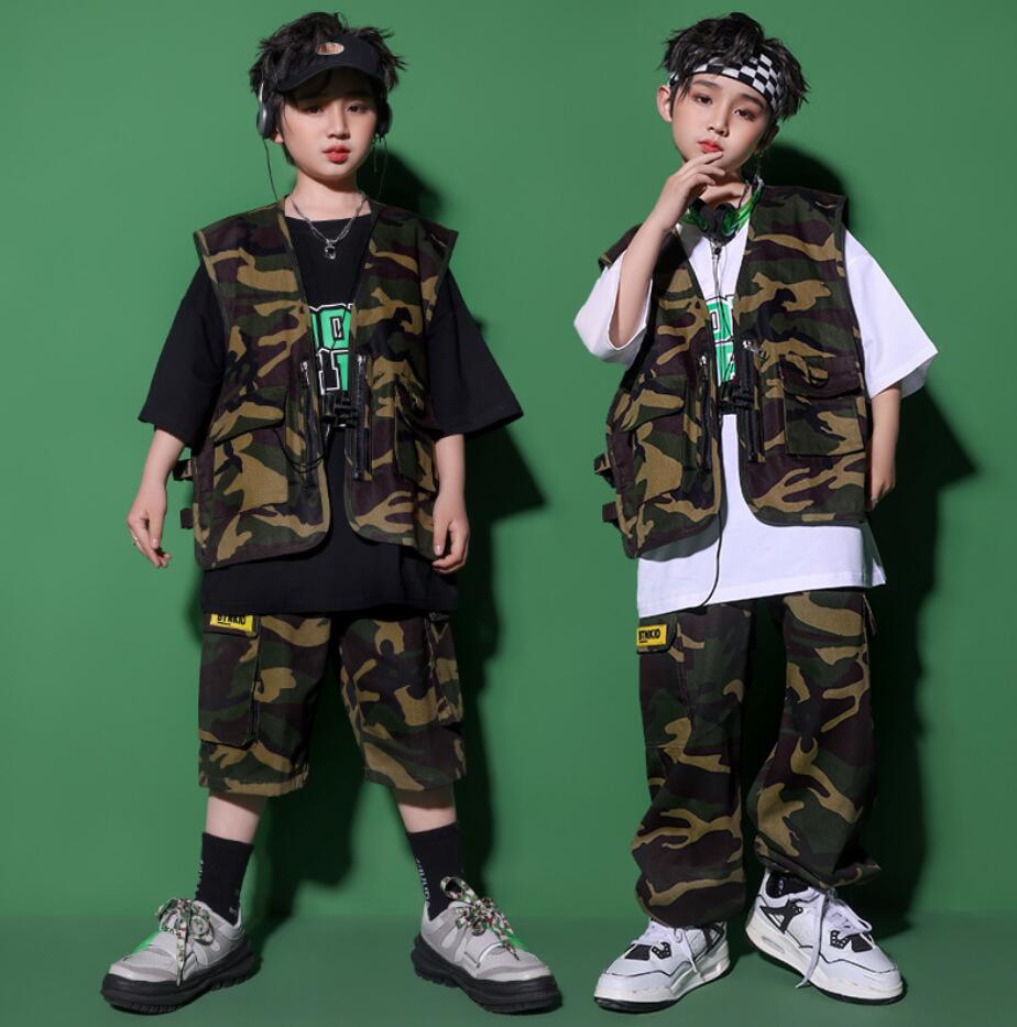 キッズダンス衣装 子供服 ダンスセットアップ jazz ストリート Tシャツ ヒップホップ 女の子 上下3点セット 応援団 ステージ舞台演出服 K-POP 迷彩パンツ イベント 団体服 発表会 レッス