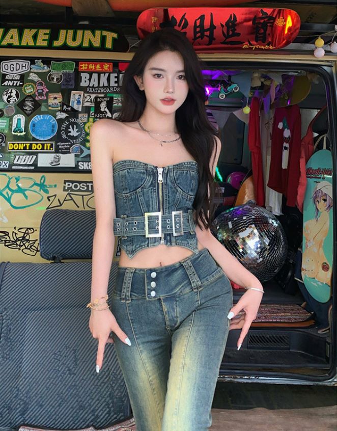 セットアップ デニムチューブトップ+ハイウエストフレアジーンズ 2点セット クロップド丈 ショート丈 ビスチェトップ デニムパンツ ジーンズ ジーパン上下セット