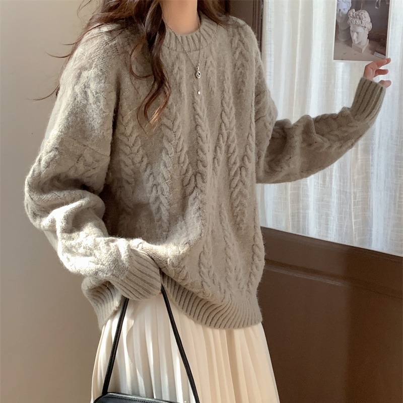 セーター ニット トップス クルーネック ケーブル編み ドロップショルダー オーバーサイズ 長袖 大人可愛い シンプル お洒落 こなれ感 デイリー 普段使い