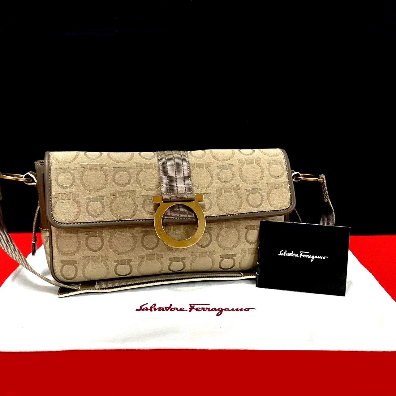 ガンチーニ 金具 総柄ショルダーバッグ キャンバス レザー ブラウン 20602