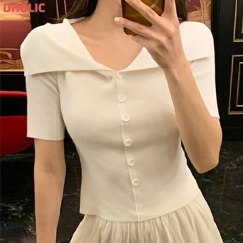 [メガ割りSALE]セーラーカラー半袖ボタンニット