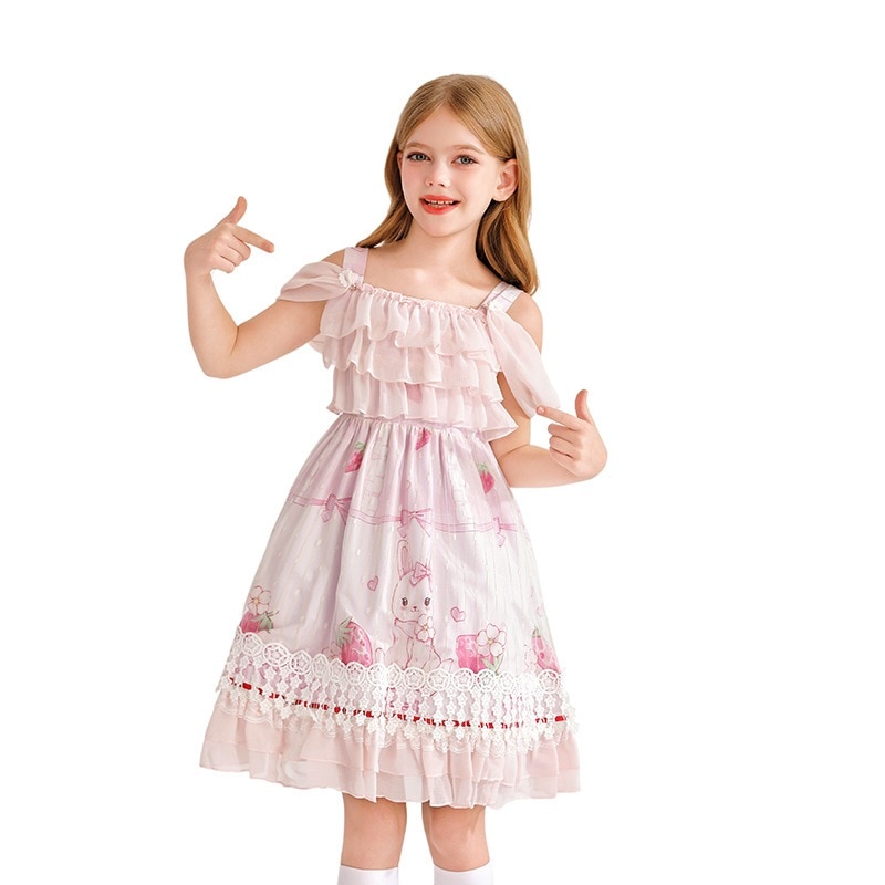 夏の田園風子供用サスペンダードレス 女の子 ハワイアン ビーチ プリンセスドレス レース ロリータ ロリータ スカート