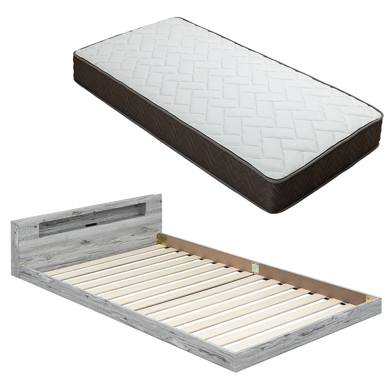 棚コンセント付き フロアベッド ベッド LED照明付き ダブル+ポケットコイルマットレス付き ロータイプ ローベッド ベット