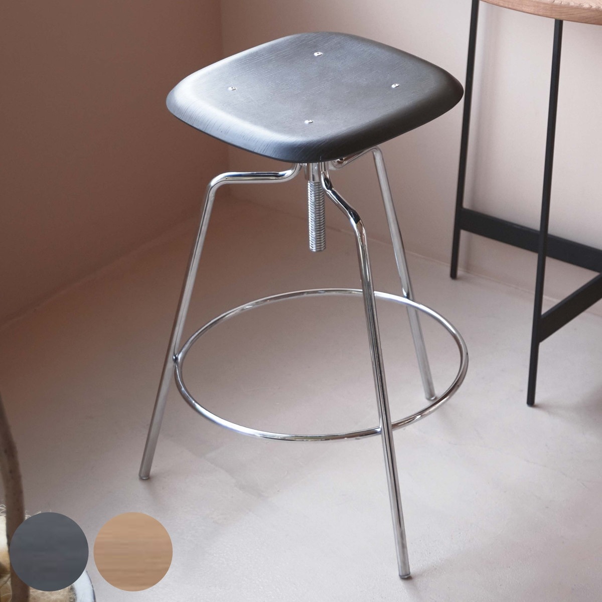 カウンターチェア 昇降式 座面高65ー75cm ハイスツール 背もたれなし 木製座面 ハイチェア バーチェア ハイタイプ キッチン チェア 椅子 インダストリアル調 無骨 スチール脚 天然木