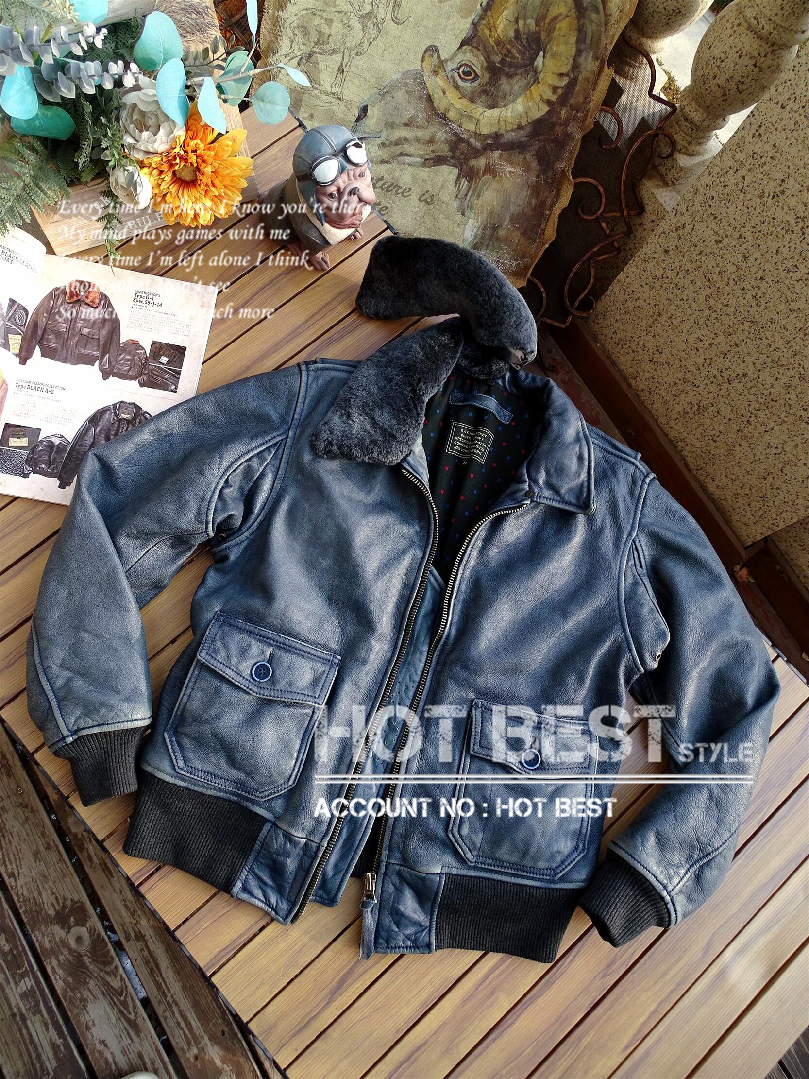 インディゴ カウハイド TYPE G-1 フライトジャケット ボマー ボンバー ムートン レザー 羊毛 ウォッシュ加工 ヴィンテージ 牛革