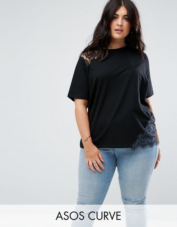 ASOS エイソス レディース 大きめサイズ ゆったりサイズ 送料無料 Black CURVE T-Shirt with Cutwork Lace