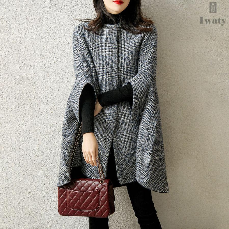 フェミニンラウンドネックチェック柄ルーズポンチョ