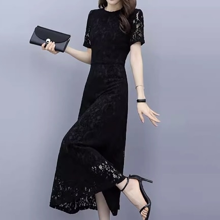 ワンピース ロング ロング丈 袖あり 半袖 ラウンドネック 襟なし セミフレア Aライン レース ハイウエスト かわいい 大人可愛い きれいめ 大人 上品 おしゃれ お洒落 アジアン エスニック