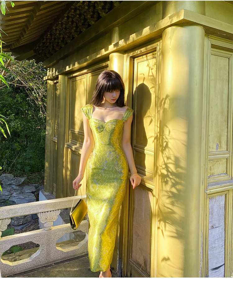 グリーン スネーク ワンショルダー フレンチ レトロ サスペンダー ドレス 秋 スリム ロングスカート 女性 グリーン XS ワンピース 膝丈 ひざ丈 袖あり かわいい 大人可愛い きれいめ シンプル 13,067円