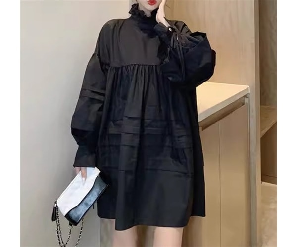 レディース ワンピース プルオーバー シャツワンピ ミニ ショート 膝上 ミドル丈 長袖 ボリューム袖 バルーン袖 ランタンスリーブ スタンドカラー Aライン かわいい シンプル カジュアル おしゃれ