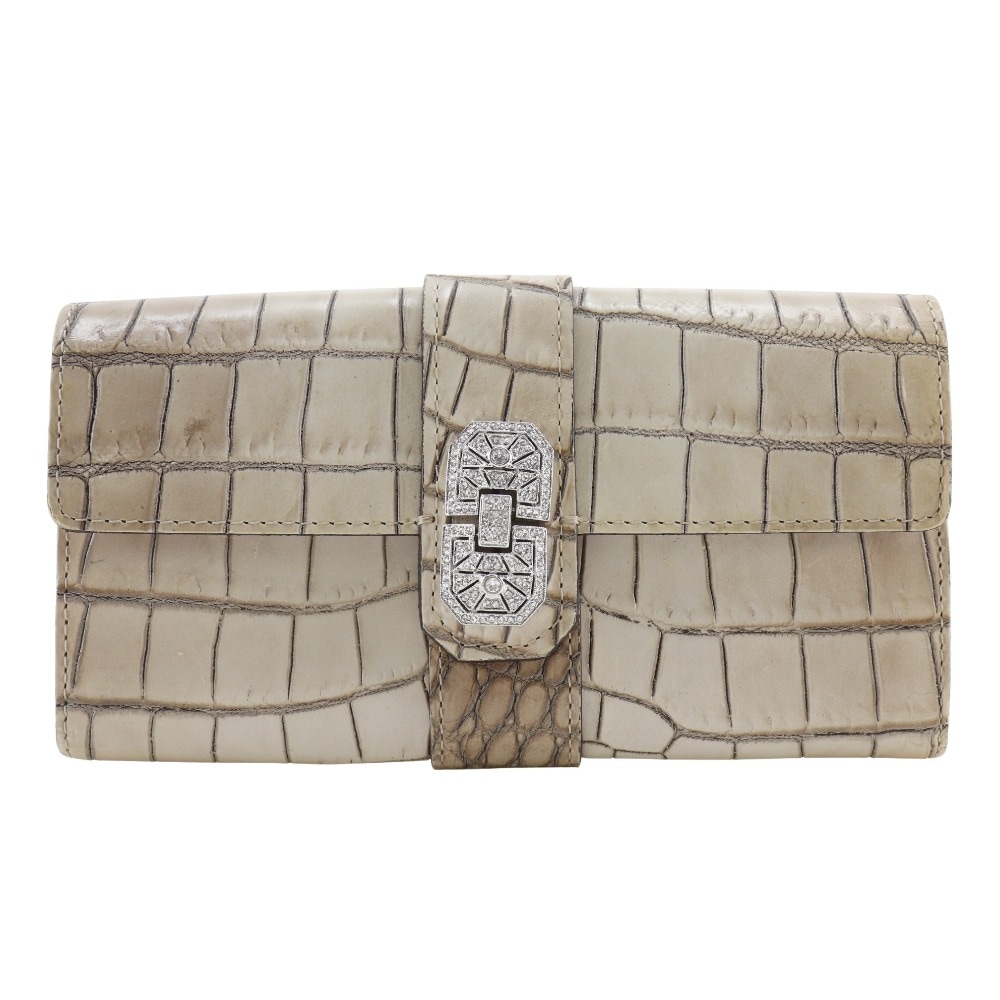 ADMJアクセソワ エーディーエムジェイ クロコ型押し 二つ折り財布 ラインストーン 型押しレザー ベージュ レディース 中古品 6,396円