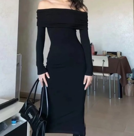 オフショルダー長袖ワンピース ひざ下丈 ワンピース タイト Iライン ストレッチ生地 オフショルダー S M L クール 目立つ 可愛い きれいめ シンプル カジュアル 上品 おしゃれ