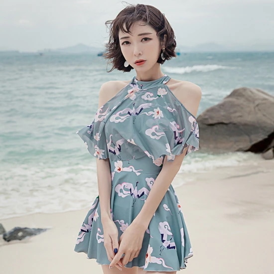 水着 レディース ワンピース 体型カバー 水着 バード柄 オフショル かわいい 水着