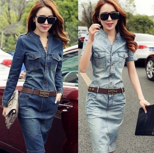 ワンピース 膝下 長袖 半袖 スタンドカラー ノーカラー デザイン ボタン 美ライン ニュアンス ウエストマーク ミリタリー ブルーデニム ウォッシュ加工 カラバリ スタイルアップ かわいい