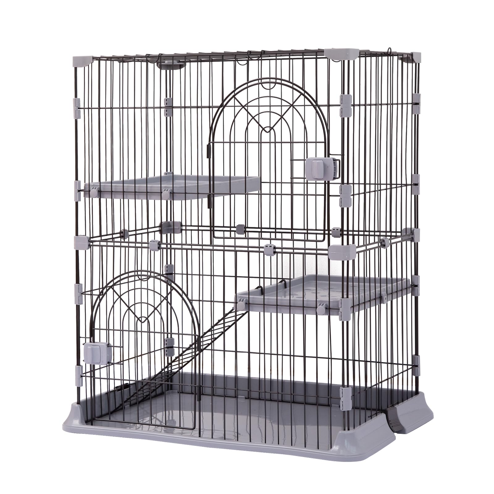 PETTOM 猫 ケージ キャットケージ 2/3段 猫ゲージ ワイド扉 多頭飼い 脱走防止 留守番 保護 脱走防止 多頭飼い 多頭 スチール ペットケージ (グレー色2段 74*50*89cm)