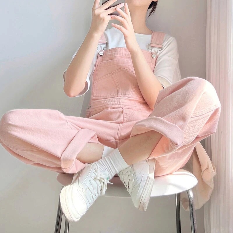 23新作ピンクデニムオーバーオール韓国女性バージョンルーズスモール齢制限ハイウエストストレートジャン