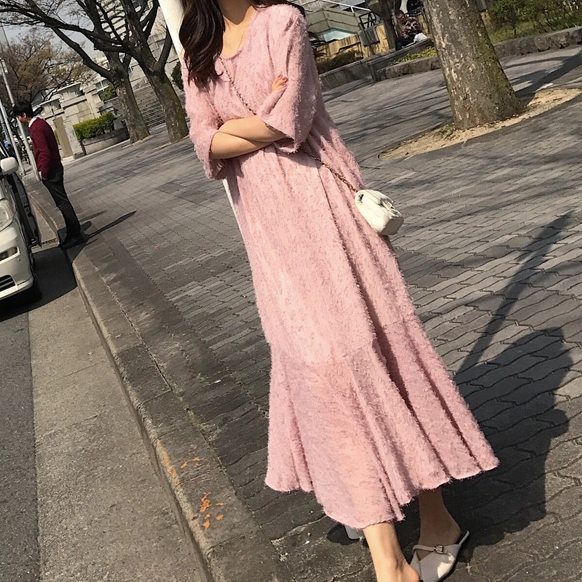 ワンピース ロング フレアスカート ミモレ丈 五分袖 Uネック Iライン ふわふわ ガーリー 無地