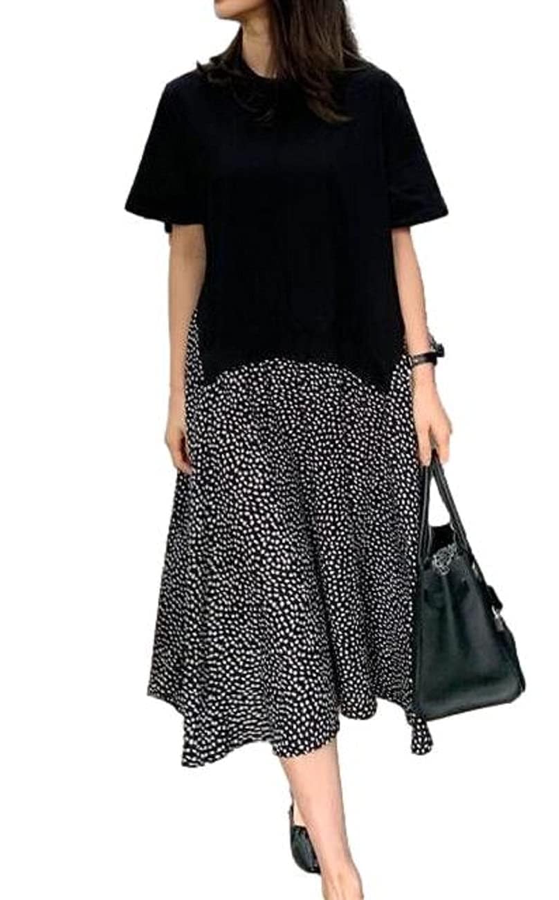 [1/2style] [ニブンノイチスタイル] 半袖 大人 カットソー 水玉 シフォン ドッキング ワンピース レディース (黒, XXL, 2x_l)