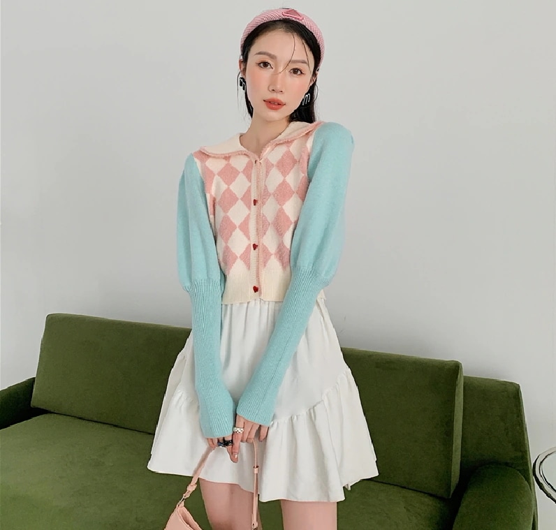 個性的 トップス カーディガン ショート丈 袖あり 長袖 襟付き ストレート かわいい おしゃれ お洒落 レトロ ガーリー ラブリー キュート 個性的 ダイヤモンドチェック 春 秋 冬 10代 20代