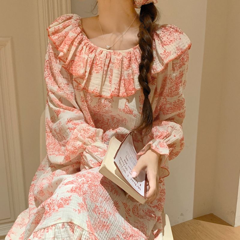 レディース パジャマ 韓国風 春秋 大きいサイズ ホーム服 ラウンドネック フリル ベルスリーブ プリント ゆったり 長袖 ネグリジェ