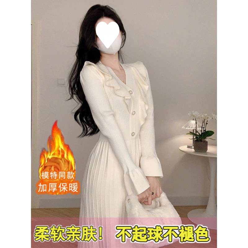 11 女性のためのライトファッションラッフルvネックニットドレス r n1001-アプリコットのスリムスカートは丸薬を厚くせずにぶら下がっていないバッグの復活と交換 r n1002