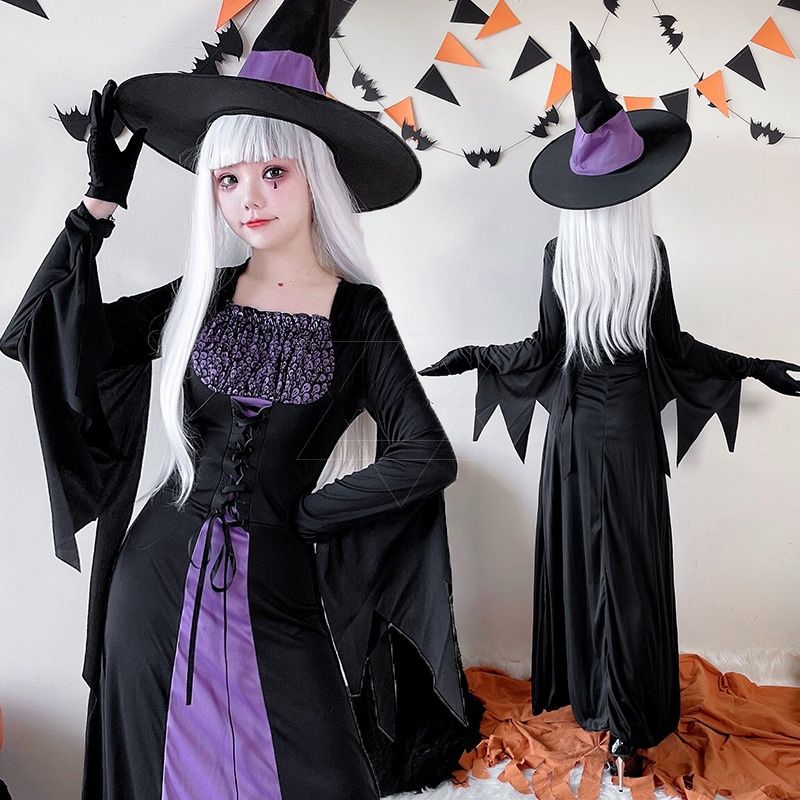 ハロウィン コスプレ ハロウィン衣装 コスチューム 大人 バットウィッチヴァンパイアステージドレスロングドレス 紫色の魔法の魔女のローブ コスプレ ハロウィ ハロウィン ハロウィン コス