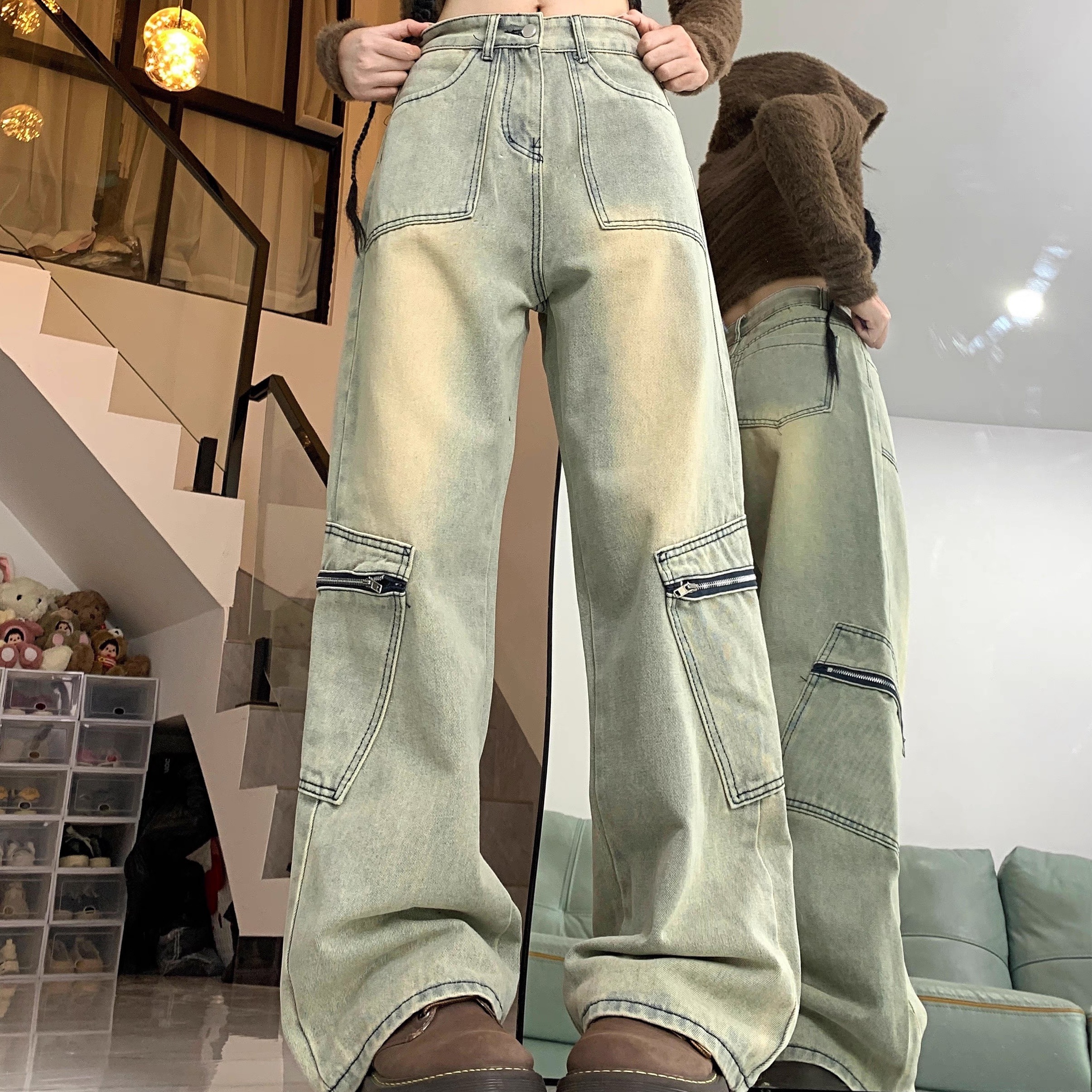 レディース パンツ ボトムス Gパン ストレートパンツ ワークパンツ ワイドパンツ フルレングス オーバーサイズ ストリート ポケット ハイウエスト カジュアル おしゃれ かっこいい レトロ 浴衣風