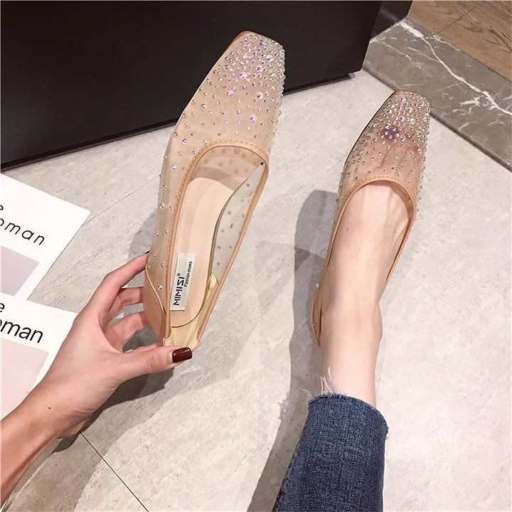 [タイムセール!! 春 秋 新作 レーヨン スクエアトゥ 気質 エレガント フラットシューズ ソフトソール シングルシューズ ラインストーン 快適 女性 シューズ