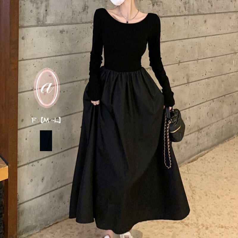 ポイントアップ　ワンピ　プルオーバーOL ワンピース/スカート/マキシスカート/ロング丈フレアスカートピット ワンピース/レディース/ニット/Vネック/リブ/ライン/シンプル/タイト/セクシー/着まわ