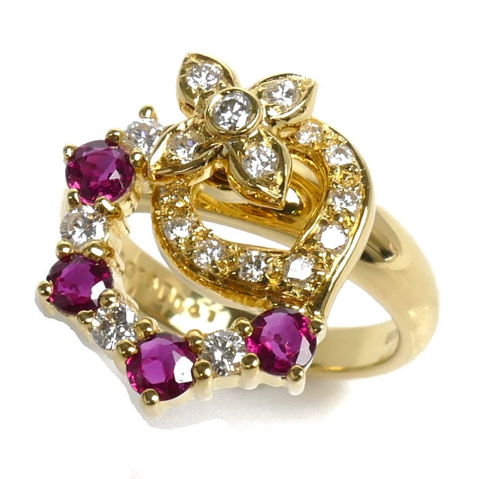 K18YG イエローゴールド スウィング フラワー リング指輪 ルビー0.76ct ダイヤモンド0.41ct 12号 7.5g レディース 中古