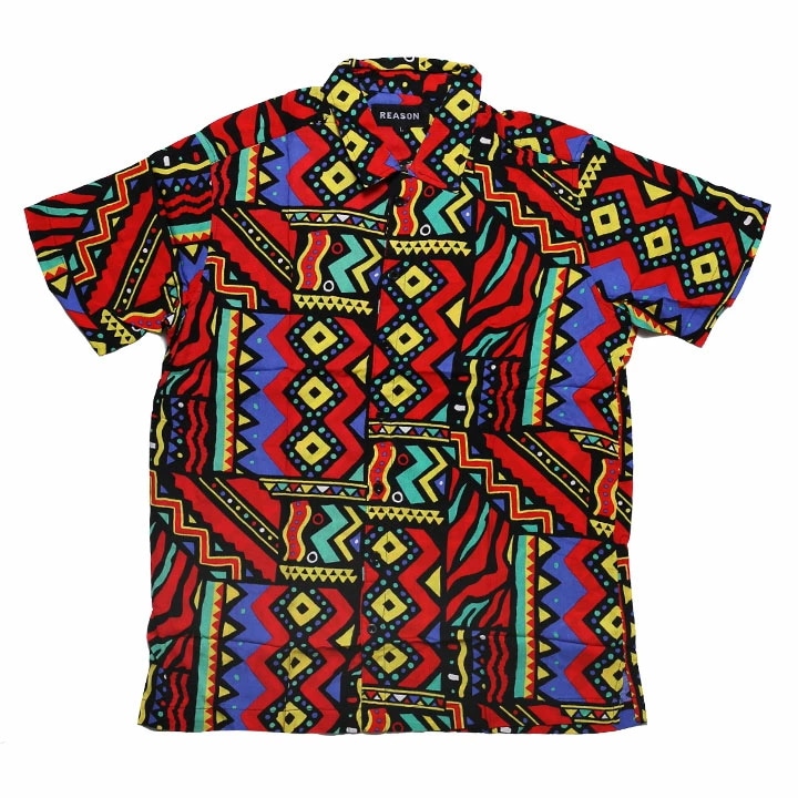 REASON 半袖シャツ メンズ 春夏用 赤 大きいサイズ リーズン 柄シャツ アロハシャツ おしゃれ かっこいい 総柄 大人 レゲエ ラスタ トリコロールカラー