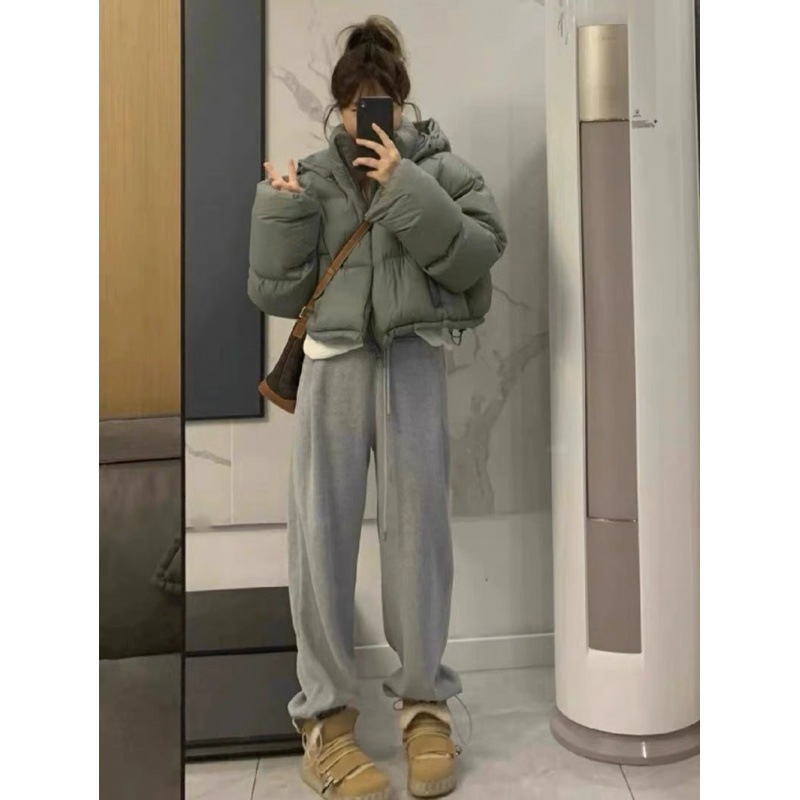 ショートダウンコットンジャケット女性のための 2025 新しい韓国スタイルの小さなハイウエスト肥厚ルーズパンジャケットホワイトダックダウン冬アウター