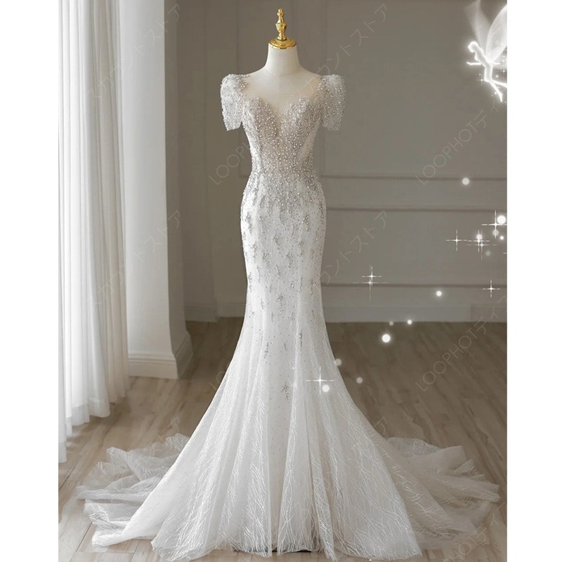 高級感 花嫁ロングドレス ウェディングドレス 白長袖 結婚式ワンピース 二次会ドレス 花嫁 パーティードレス 結婚式 ドレス 修身フィッシュテールドレス-23