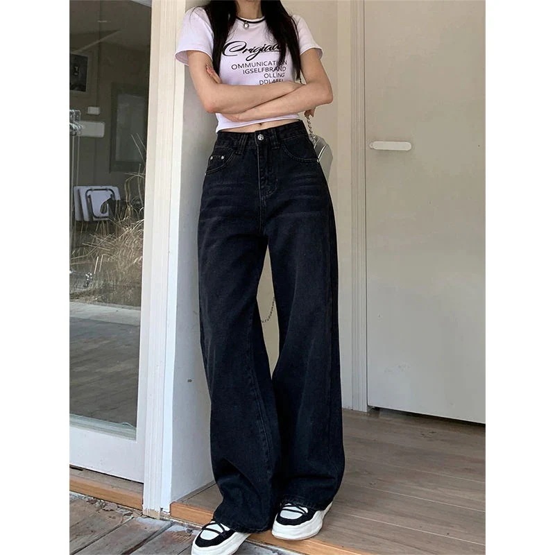 秋と冬の女性のための黒のワイドレッグジーンズ新しいスタイルハイウエストルーズストレート洋ナシ型カバースパン痩身ドレープフロアレングスパンツ30%制限 5,032円