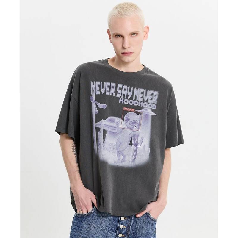 HOODHOOD ALIEN CCTV ピグメント半袖Tシャツ チャコール HDBF02TS14CC 411114