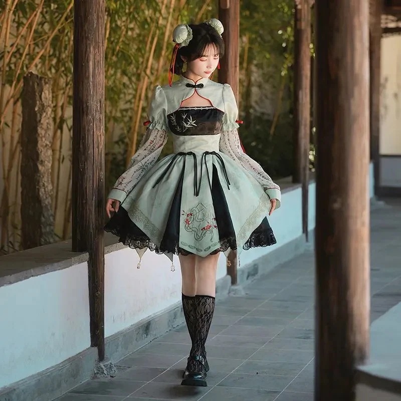 「蘭亭序」ドールスカート ロリータ ワンピース チャイナドレス ワンピース 中華風 JSK OP コスプレ 古風 お祭り 花火大会 盆踊り 夏祭り 文化祭 学園祭 お花見 七夕