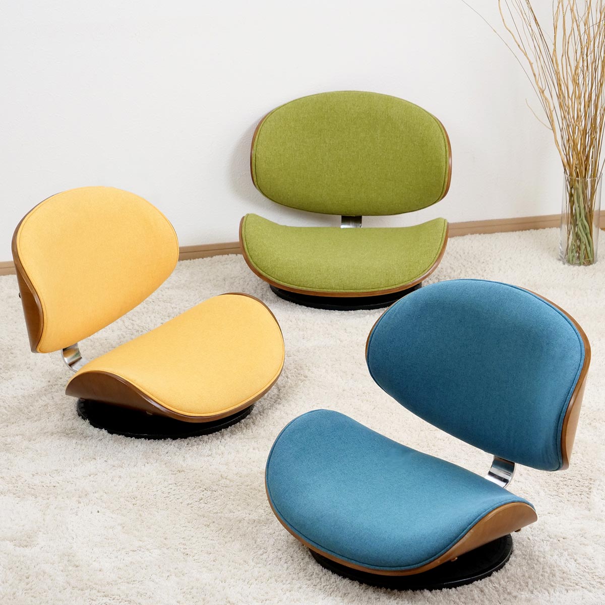 座椅子 360度 回転式 幅55cm ファブリック フロアチェア ローチェア 椅子 座いす 回転 木目調 おしゃれ デザイン クッション ミッドセンチュリー モダン