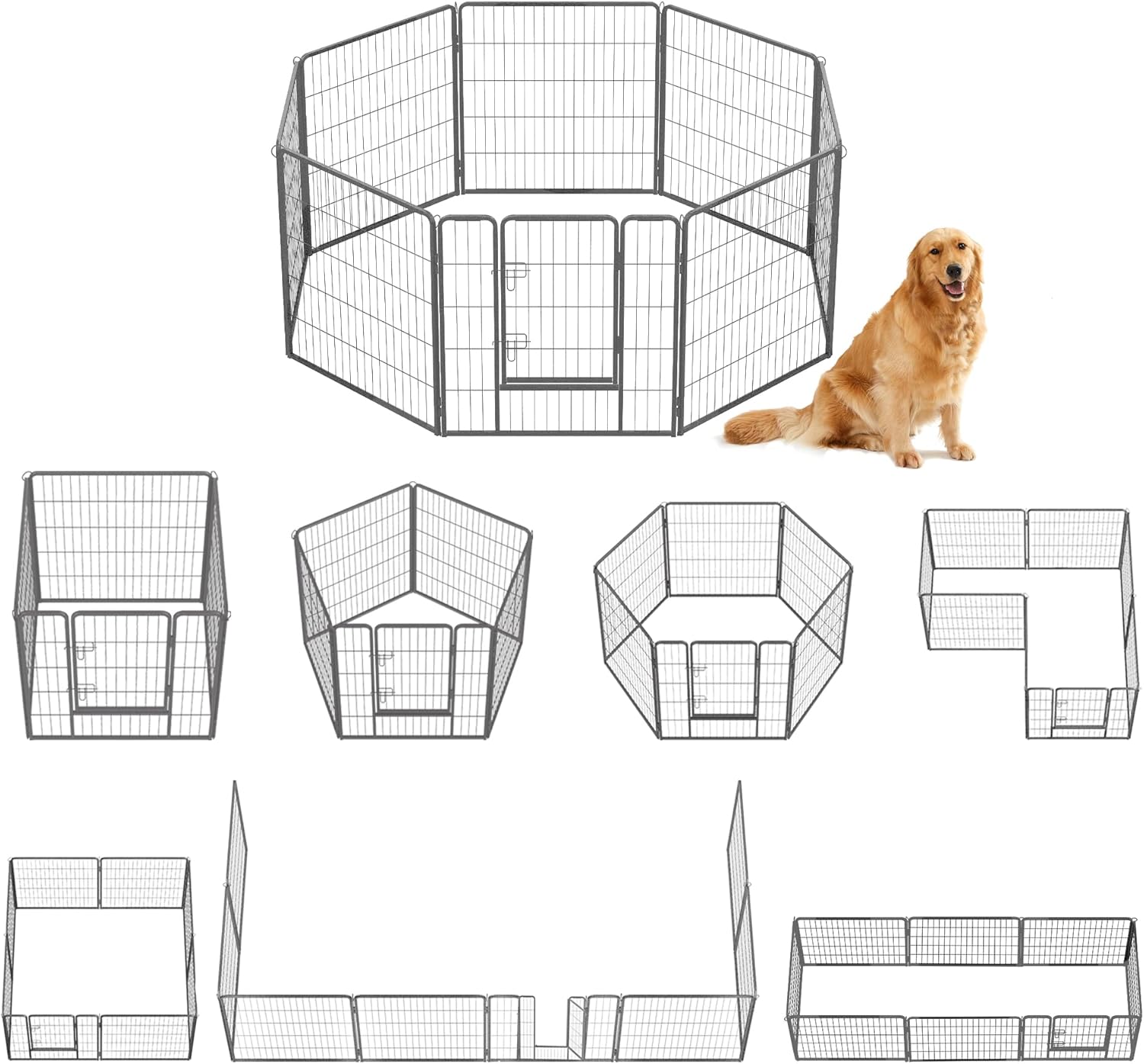 FEANDREA ペットサークル 大型犬用 中型犬用 ペットフェンス 折り畳み式 組立簡単 全成長期使用可 室内外兼用 犬ケージ スチール製 パネル8枚 複数連結可能 犬 サークル PPK88G