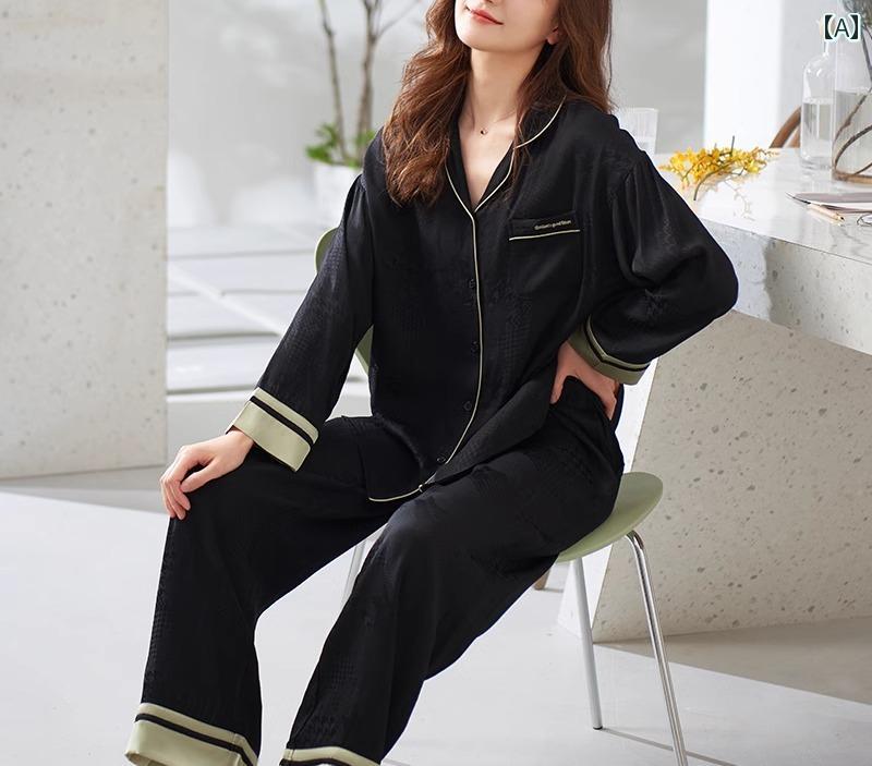 パジャマ レディース 上下セット 春秋 薄手 ひんやり 涼しい 長袖 前開き ルームウェア 大きいサイズ ウエストゴム 胸ポケット 通気性 柔らかい 母の日 プレゼント シンプル エレガント 黒