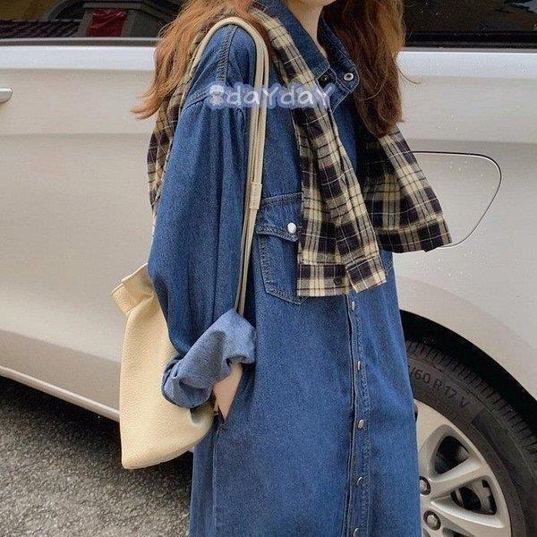 デニムワンピース レディース 40代ワンピース シャツワンピース マキシワンピース 長袖 ゆったり 春秋 オシャレ無地デニムワンピ 韓国風 着痩せ 大人可愛い