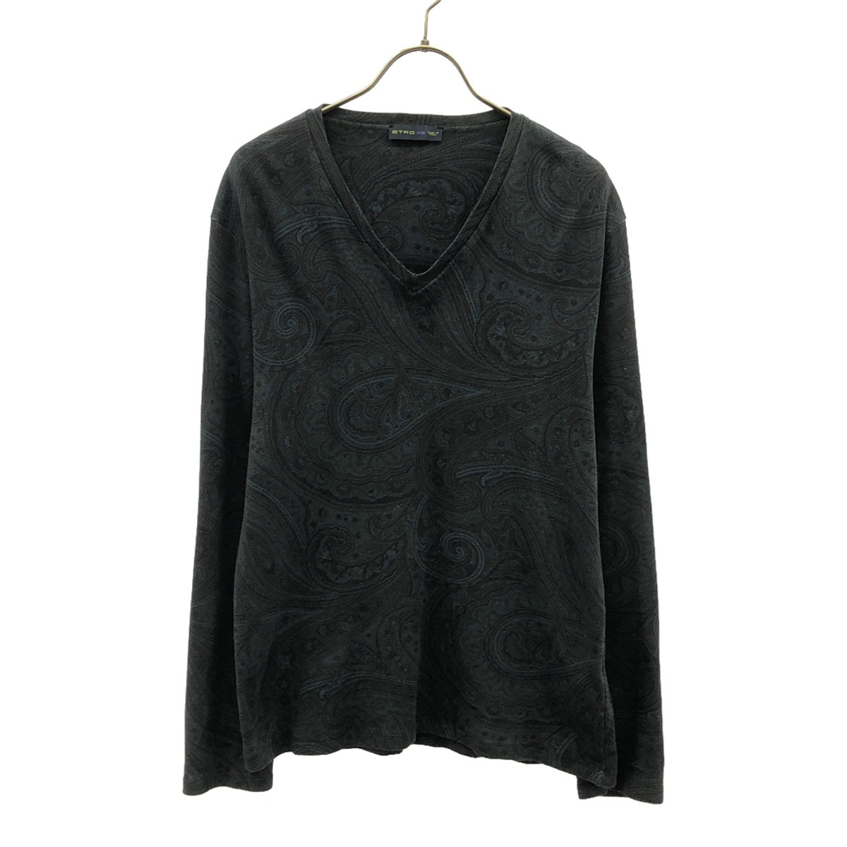 イタリア製 ペイズリー 長袖 Vネック カットソー XS ネイビー系 ロンT メンズ 古着
