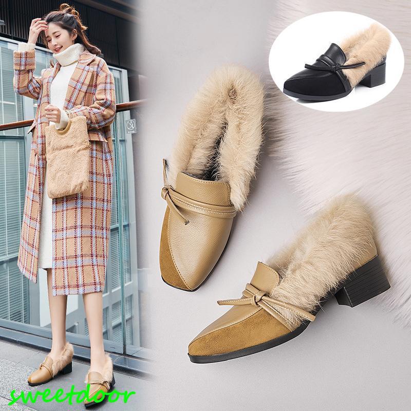 秋冬シューズ ふわふわ ハイヒール パンプス チャンキーヒール レディース スリッポン スクエアトゥ オックスフォード カジュアルシューズ プラット