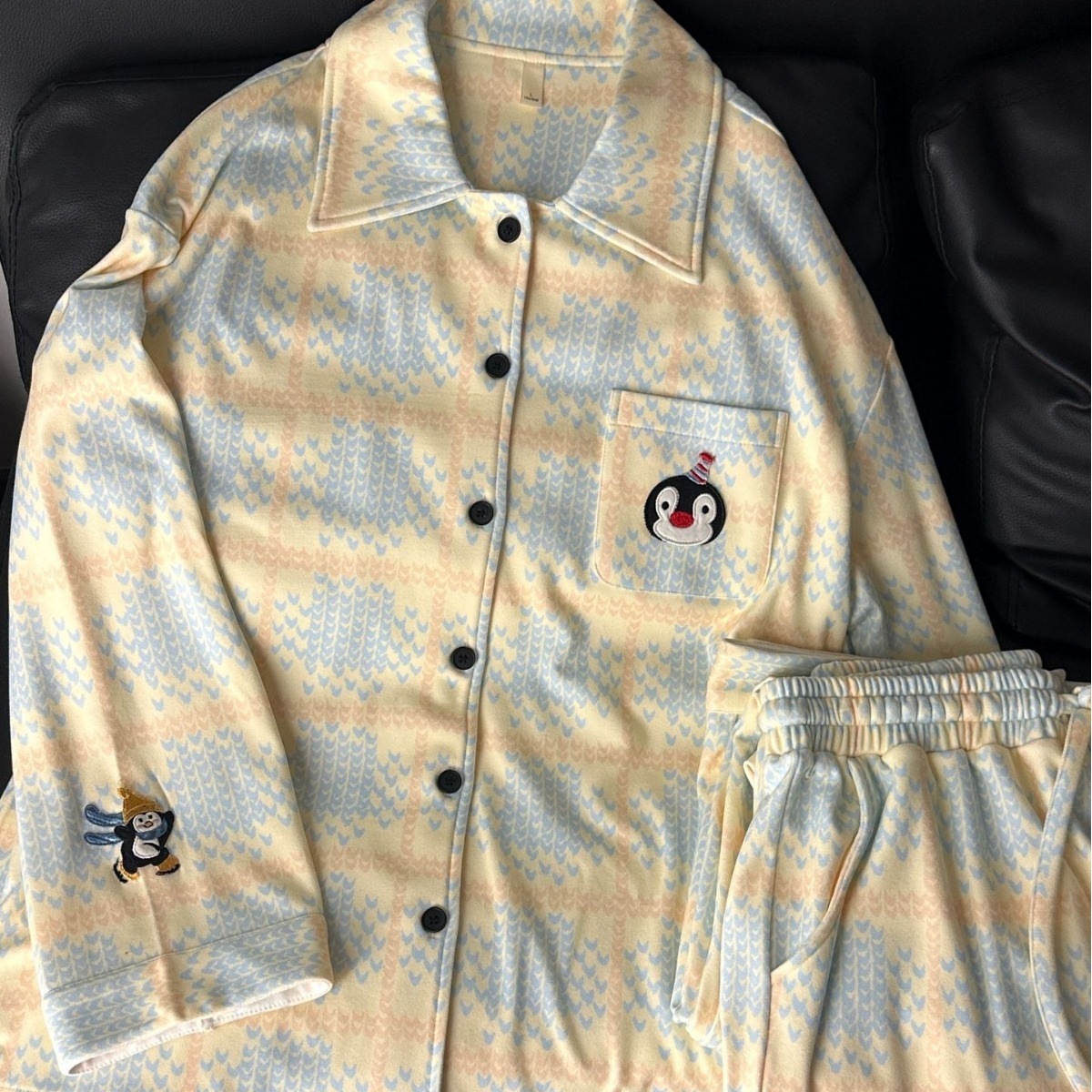 カップルパジャマ レディース 秋冬 ドイツ製フリース ホームウェア 長袖セット 刺繍ポケット カジュアルアウターセット